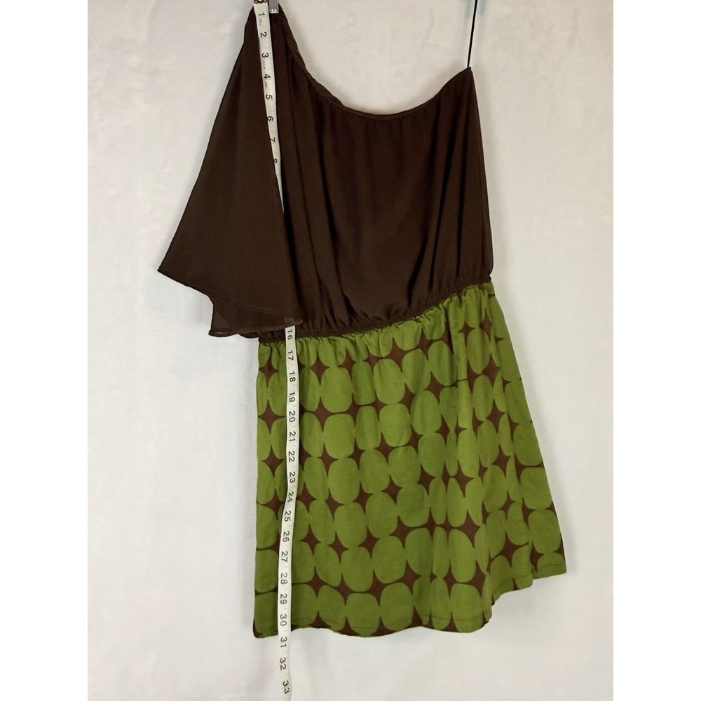 VTG Judith March One Shoulder Dress Small Green Brown Retro Geometric Mini USA - Picture 9 of 10